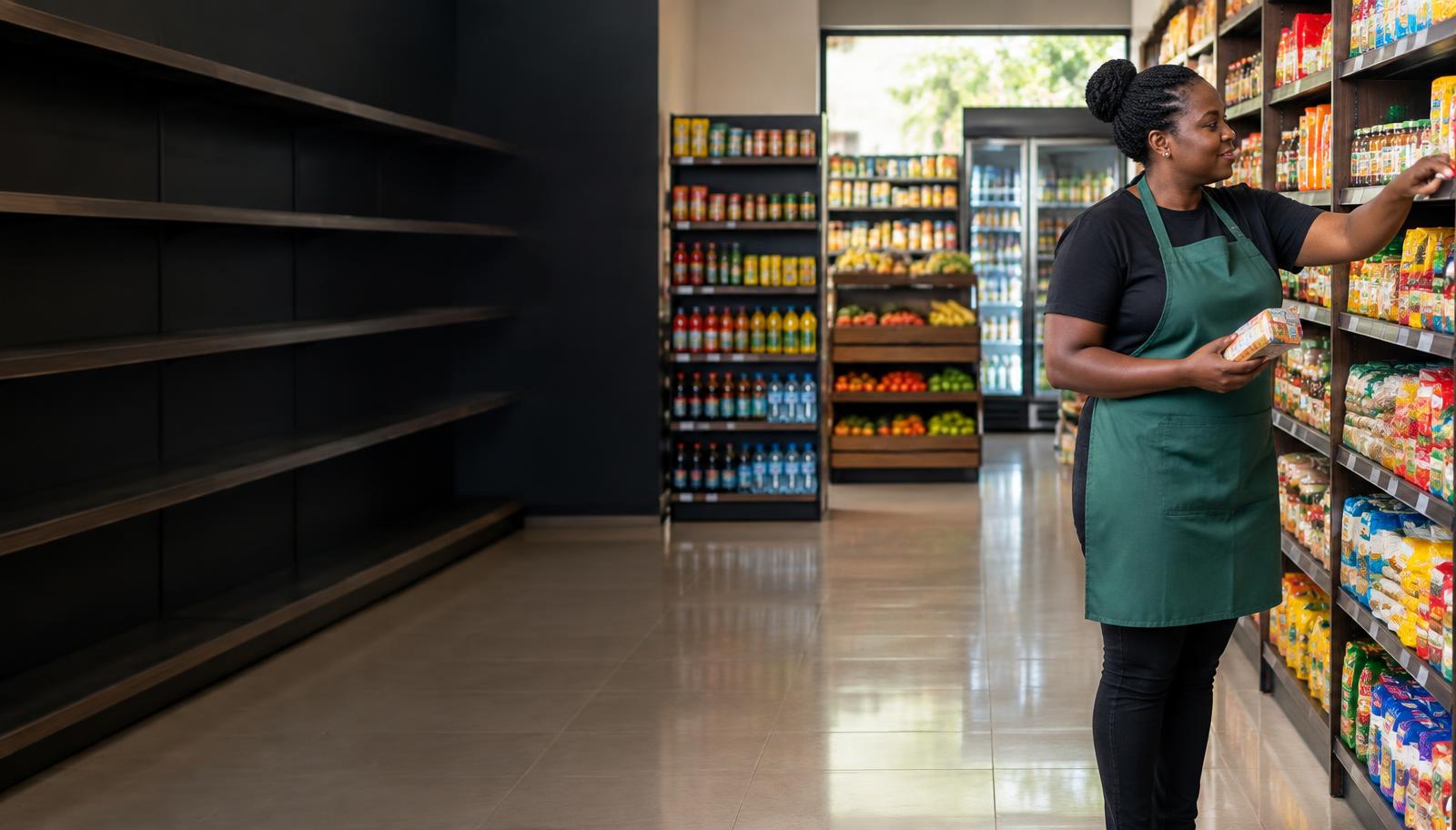 Shop owner arranging products in a well-stocked minimart